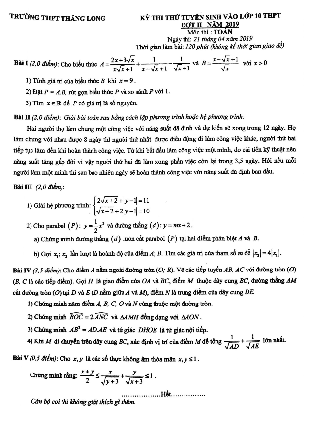 Đề thi thử Toán tuyển sinh lớp 10 đợt 2 năm 2019 trường Thăng Long – Hà Nội