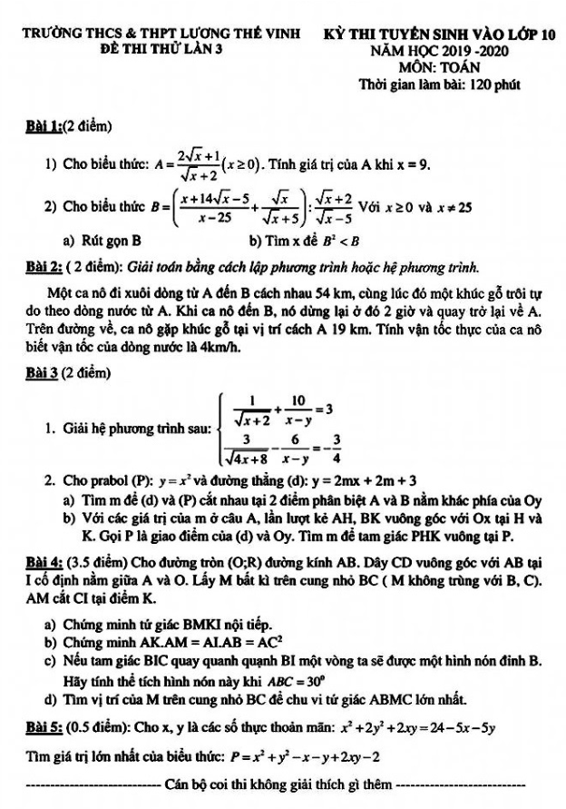 Đề thi thử Toán tuyển sinh lớp 10 năm 2018 – 2019 trường Lương Thế Vinh – Hà Nội