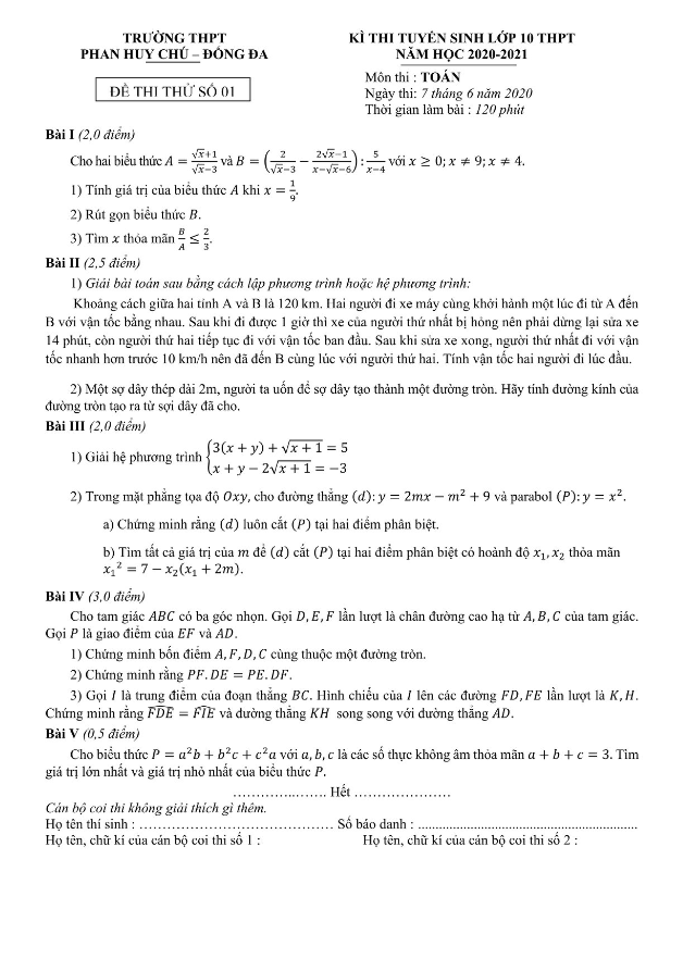 Đề thi thử Toán tuyển sinh lớp 10 năm 2020 – 2021 trường Phan Huy Chú – Hà Nội