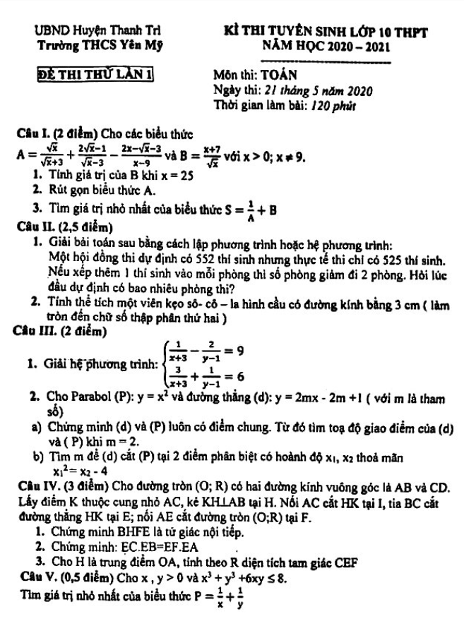 Đề thi thử Toán tuyển sinh lớp 10 năm 2020 – 2021 trường THCS Yên Mỹ – Hà Nội