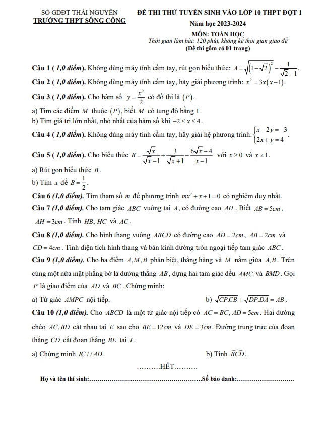 Đề thi thử Toán vào 10 đợt 1 năm 2023 – 2024 trường THPT Sông Công – Thái Nguyên