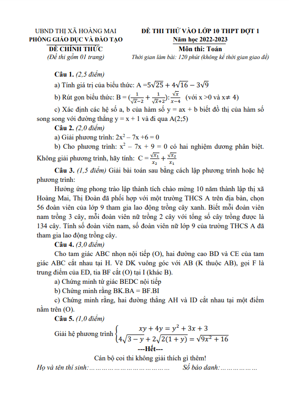 Đề thi thử Toán vào 10 đợt 1 năm 2023 phòng GD&ĐT Hoàng Mai – Nghệ An