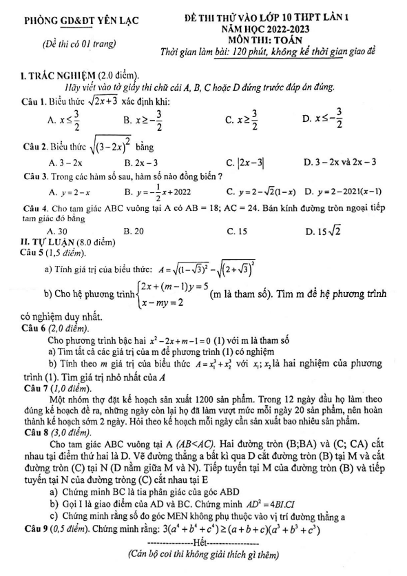 Đề thi thử Toán vào 10 lần 1 năm 2022 – 2023 phòng GD&ĐT Yên Lạc – Vĩnh Phúc