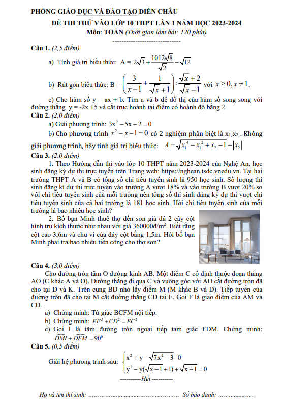 Đề thi thử Toán vào 10 lần 1 năm 2023 – 2024 phòng GD&ĐT Diễn Châu – Nghệ An