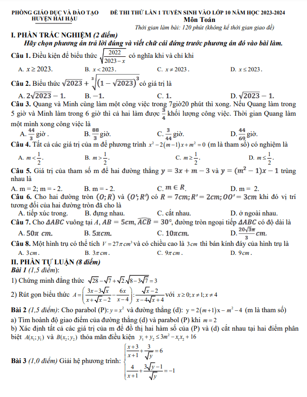 Đề thi thử Toán vào 10 lần 1 năm 2023 – 2024 phòng GD&ĐT Hải Hậu – Nam Định