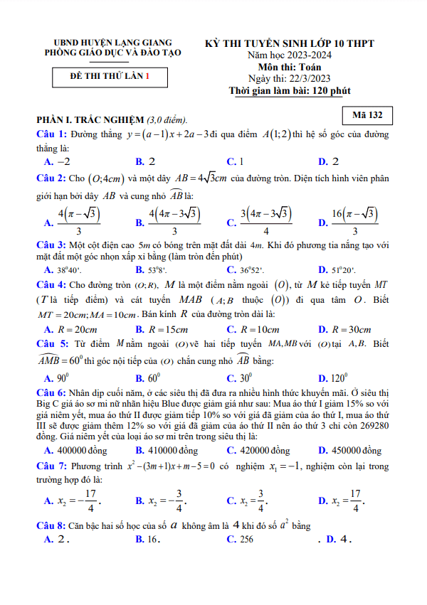 Đề thi thử Toán vào 10 lần 1 năm 2023 – 2024 phòng GD&ĐT Lạng Giang – Bắc Giang