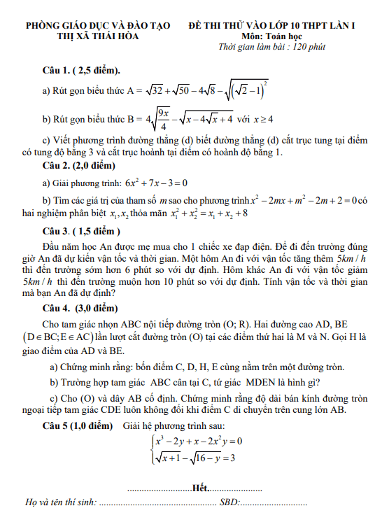 Đề thi thử Toán vào 10 lần 1 năm 2023 – 2024 phòng GD&ĐT Thái Hòa – Nghệ An