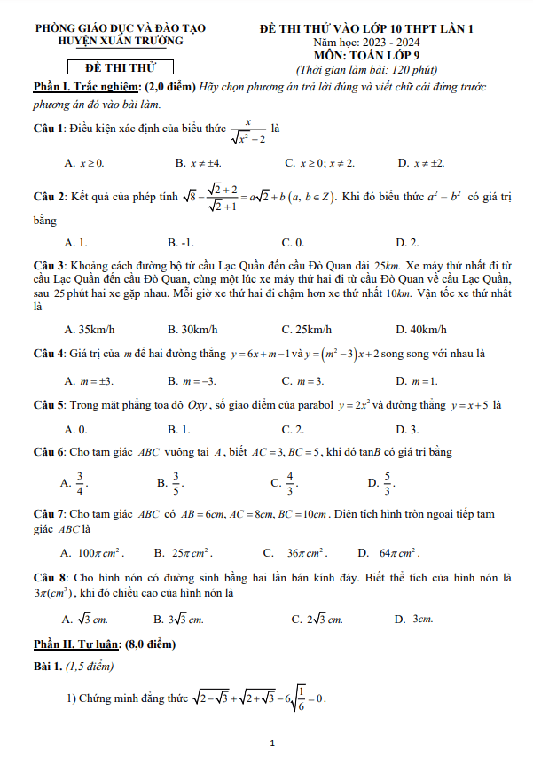 Đề thi thử Toán vào 10 lần 1 năm 2023 – 2024 phòng GD&ĐT Xuân Trường – Nam Định