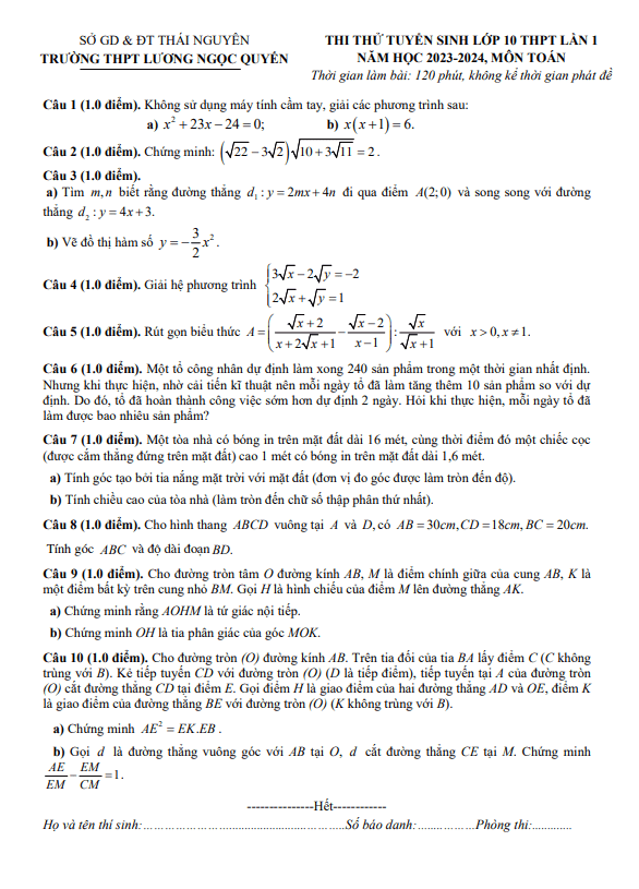 Đề thi thử Toán vào 10 lần 1 năm 2023 – 2024 trường Lương Ngọc Quyến – Thái Nguyên