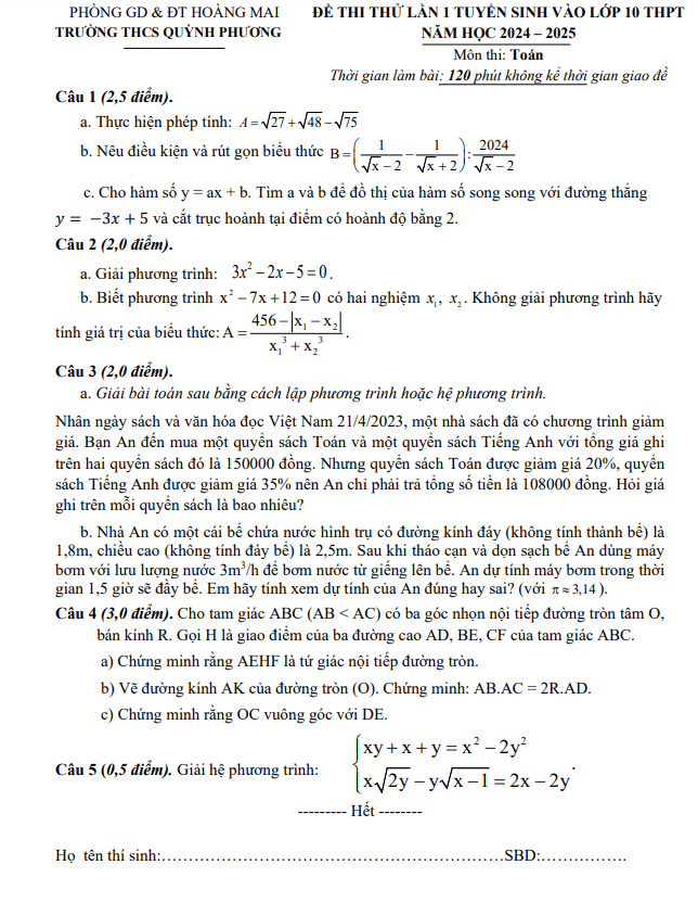 Đề thi thử Toán vào 10 lần 1 năm 2024 – 2025 trường THCS Quỳnh Phương – Nghệ An