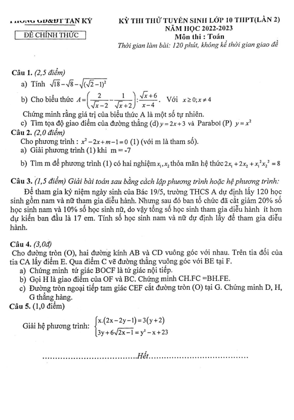 Đề thi thử Toán vào 10 lần 2 năm 2022 – 2023 phòng GD&ĐT Tân Kỳ – Nghệ An