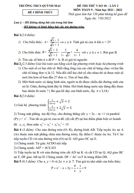 Đề thi thử Toán vào 10 lần 2 năm 2022 trường THCS Quỳnh Mai – Hà Nội