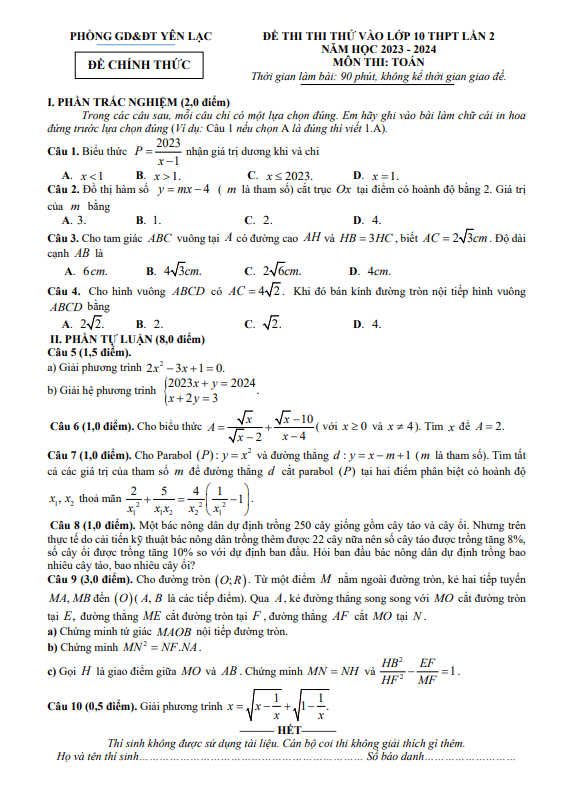 Đề thi thử Toán vào 10 lần 2 năm 2023 – 2024 phòng GD&ĐT Yên Lạc – Vĩnh Phúc