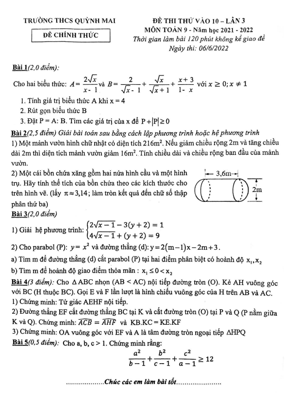 Đề thi thử Toán vào 10 lần 3 năm 2022 trường THCS Quỳnh Mai – Hà Nội