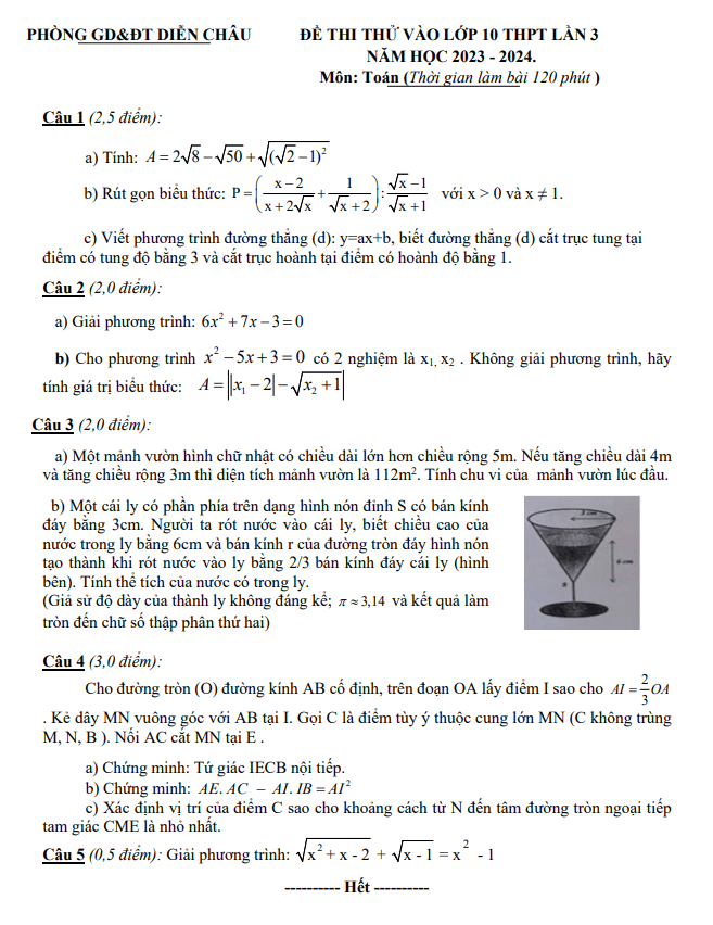 Đề thi thử Toán vào 10 lần 3 năm 2023 – 2024 phòng GD&ĐT Diễn Châu – Nghệ An