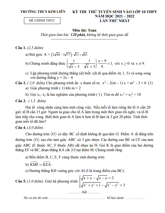 Đề thi thử Toán vào 10 năm 2021 – 2022 lần 1 trường THCS Kim Liên – Nghệ An