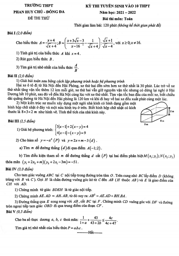 Đề thi thử Toán vào 10 năm 2021 – 2022 trường THPT Phan Huy Chú – Hà Nội