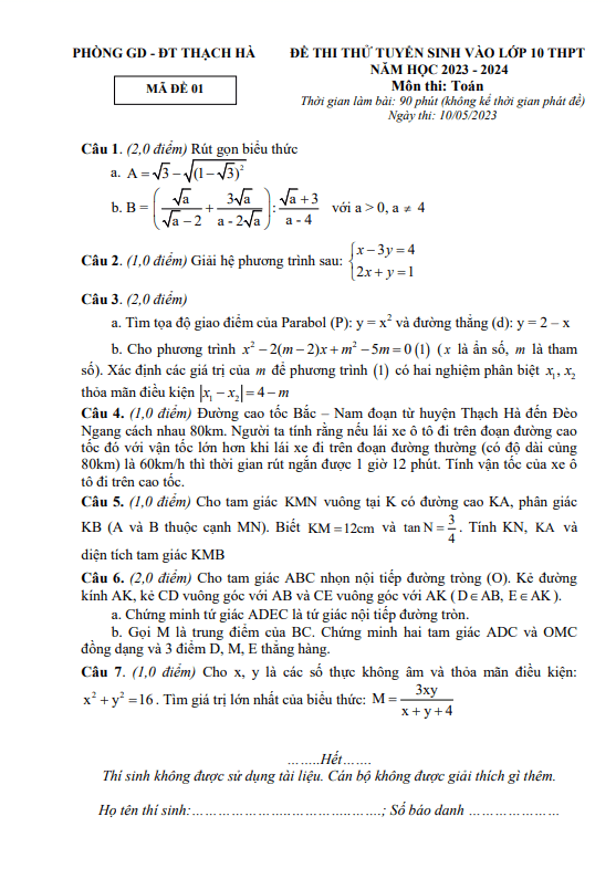 Đề thi thử Toán vào 10 năm 2023 – 2024 phòng GD&ĐT Thạch Hà – Hà Tĩnh