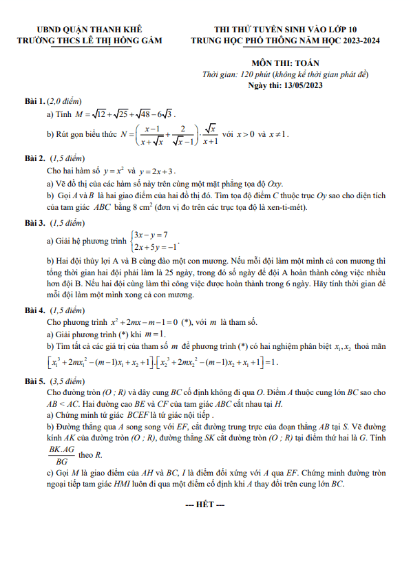 Đề thi thử Toán vào 10 năm 2023 – 2024 trường THCS Lê Thị Hồng Gấm – Đà Nẵng