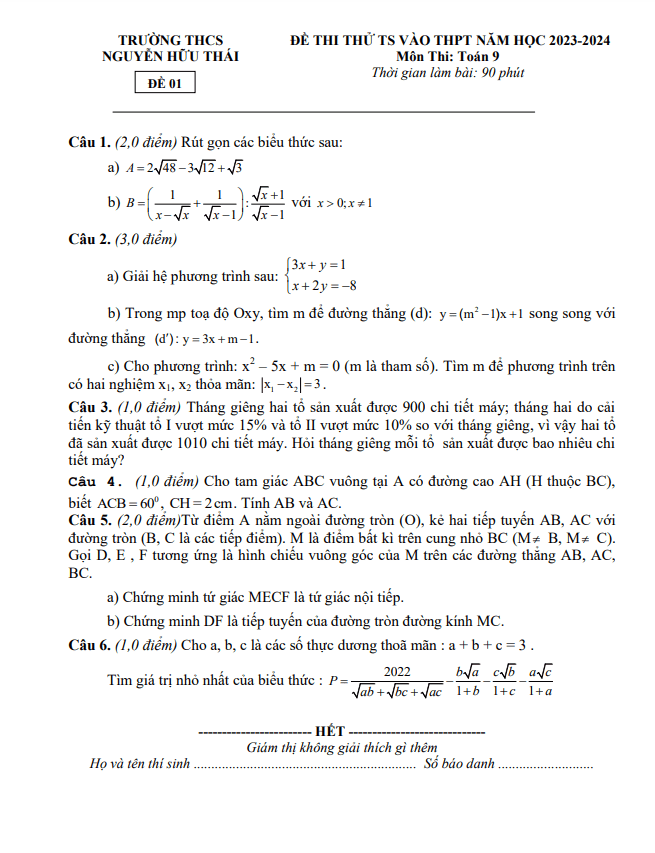 Đề thi thử Toán vào 10 năm 2023 – 2024 trường THCS Nguyễn Hữu Thái – Hà Tĩnh