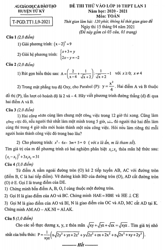 Đề thi thử Toán vào lớp 10 lần 1 năm 2020 – 2021 phòng GD&ĐT Tứ Kỳ – Hải Dương