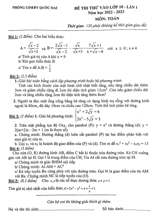 Đề thi thử Toán vào lớp 10 lần 1 năm 2022 – 2023 phòng GD&ĐT Quốc Oai – Hà Nội