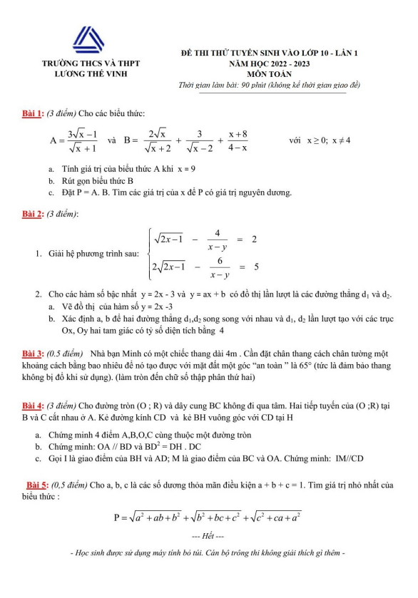 Đề thi thử Toán vào lớp 10 lần 1 năm 2022 – 2023 trường Lương Thế Vinh – Hà Nội