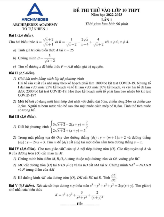 Đề thi thử Toán vào lớp 10 lần 1 năm 2022 – 2023 trường THCS Archimedes Academy – Hà Nội