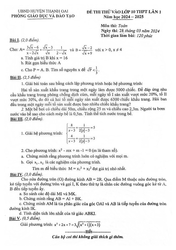 Đề thi thử Toán vào lớp 10 lần 1 năm 2024 – 2025 phòng GD&ĐT Thanh Oai – Hà Nội