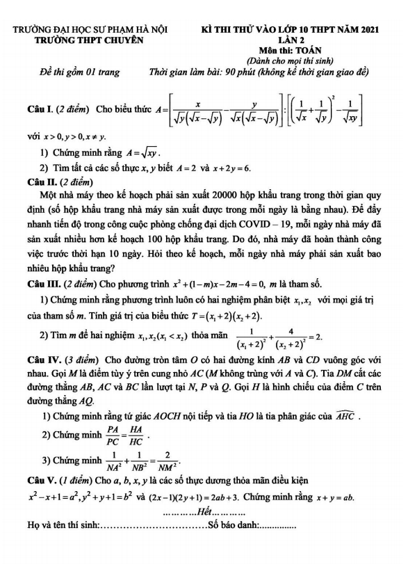 Đề thi thử Toán vào lớp 10 lần 2 năm 2021 trường chuyên Đại học Sư phạm Hà Nội
