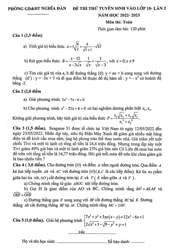 Đề thi thử Toán vào lớp 10 lần 2 năm 2022 – 2023 phòng GD&ĐT Nghĩa Đàn – Nghệ An