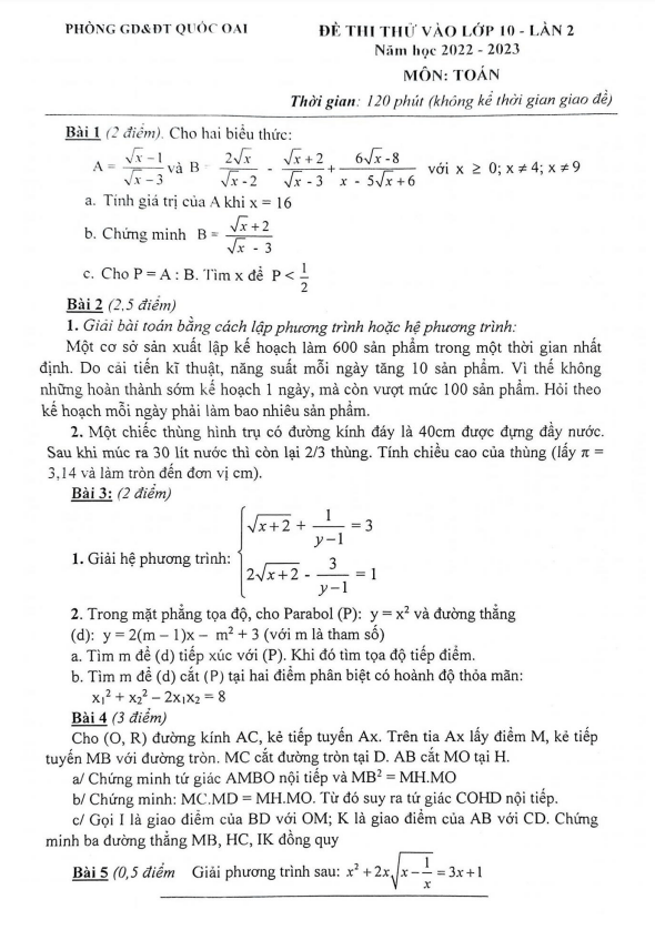 Đề thi thử Toán vào lớp 10 lần 2 năm 2022 – 2023 phòng GD&ĐT Quốc Oai – Hà Nội
