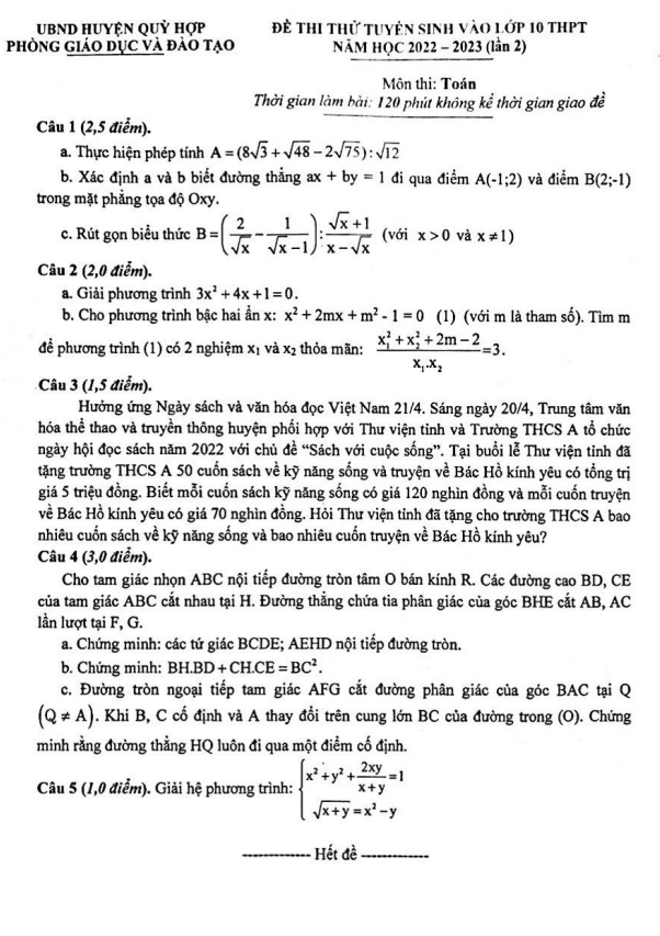 Đề thi thử Toán vào lớp 10 lần 2 năm 2022 – 2023 phòng GD&ĐT Quỳ Hợp – Nghệ An