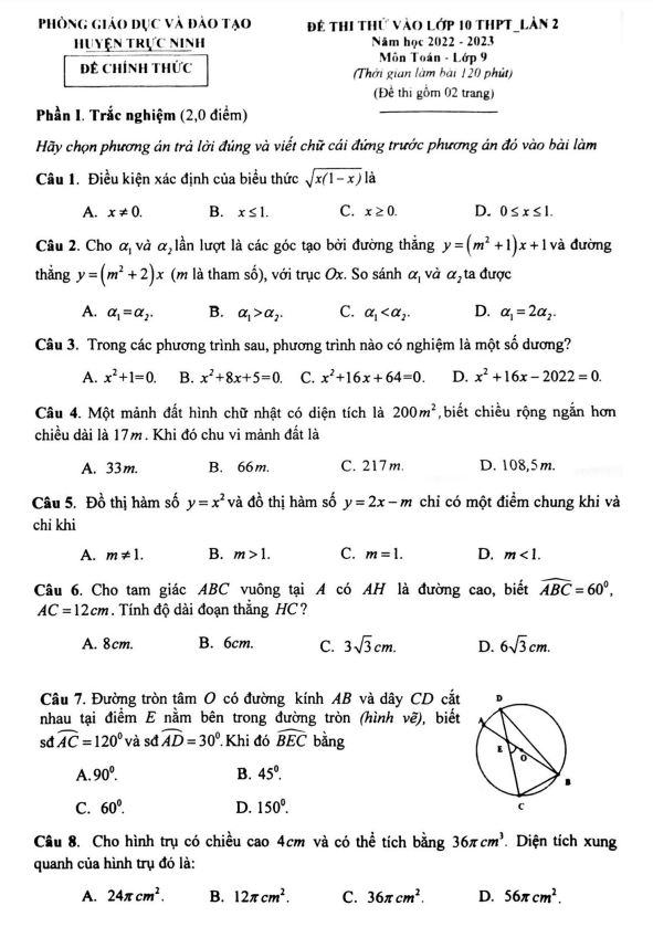 Đề thi thử Toán vào lớp 10 lần 2 năm 2022 – 2023 phòng GD&ĐT Trực Ninh – Nam Định