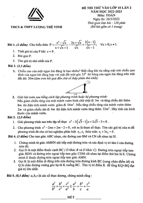 Đề thi thử Toán vào lớp 10 lần 2 năm 2022 – 2023 trường Lương Thế Vinh – Hà Nội