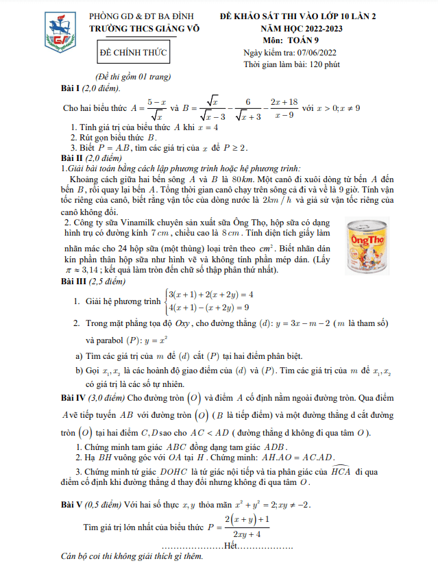 Đề thi thử Toán vào lớp 10 lần 2 năm 2022 – 2023 trường THCS Giảng Võ – Hà Nội