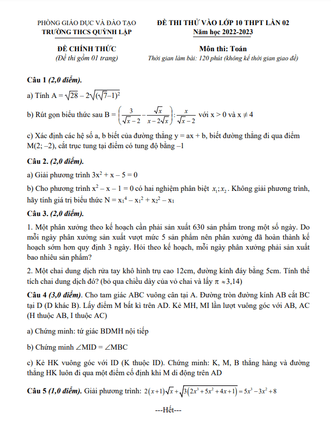 Đề thi thử Toán vào lớp 10 lần 2 năm 2023 trường THCS Quỳnh Lập – Nghệ An