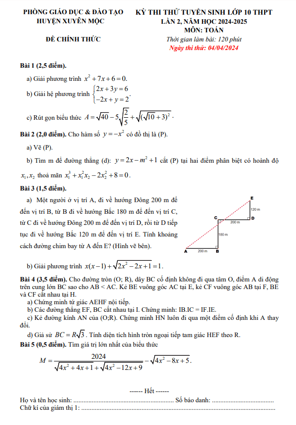 Đề thi thử Toán vào lớp 10 lần 2 năm 2024 – 2025 phòng GD&ĐT Xuyên Mộc – BR VT