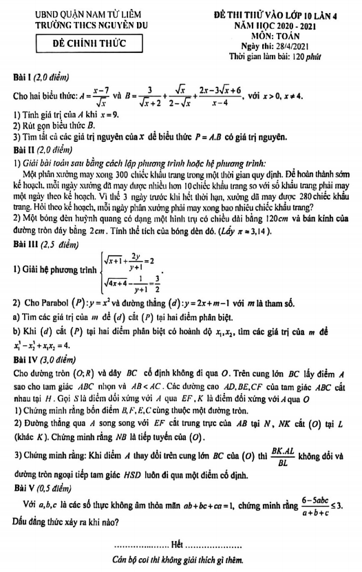 Đề thi thử Toán vào lớp 10 lần 4 năm 2020 – 2021 trường Nguyễn Du – Hà Nội