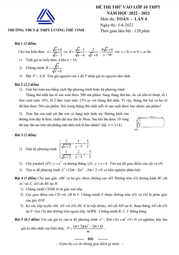 Đề thi thử Toán vào lớp 10 lần 4 năm 2022 – 2023 trường Lương Thế Vinh – Hà Nội