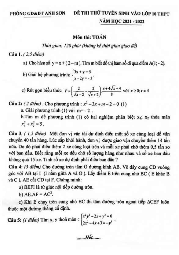 Đề thi thử Toán vào lớp 10 năm 2021 – 2022 phòng GD&ĐT Anh Sơn – Nghệ An