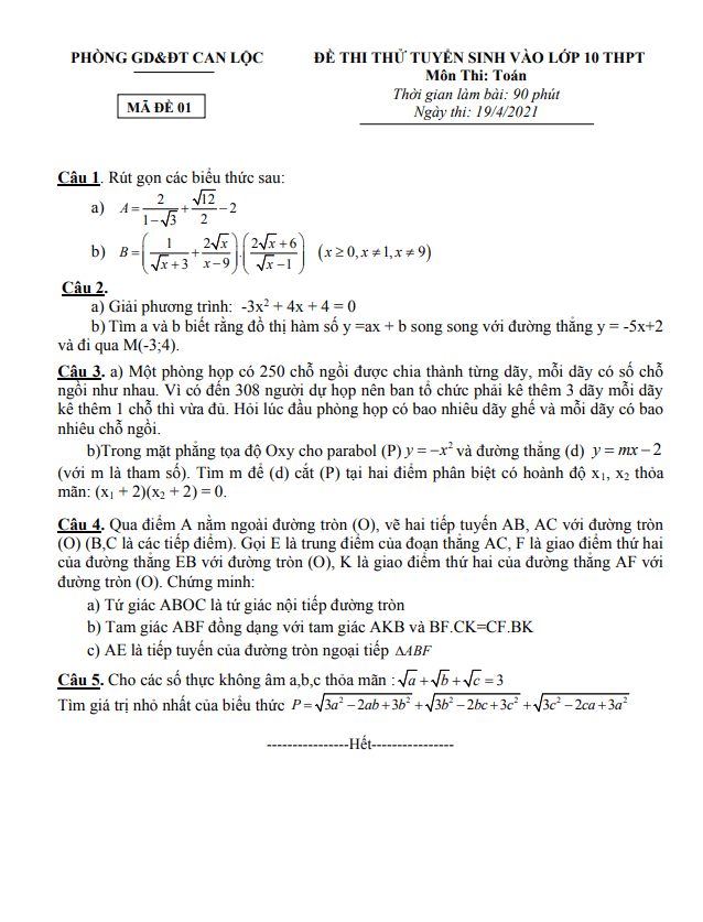 Đề thi thử Toán vào lớp 10 năm 2021 – 2022 phòng GD&ĐT Can Lộc – Hà Tĩnh