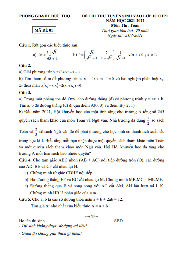 Đề thi thử Toán vào lớp 10 năm 2021 – 2022 phòng GD&ĐT Đức Thọ – Hà Tĩnh