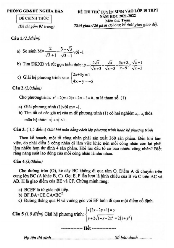 Đề thi thử Toán vào lớp 10 năm 2021 – 2022 phòng GD&ĐT Nghĩa Đàn – Nghệ An
