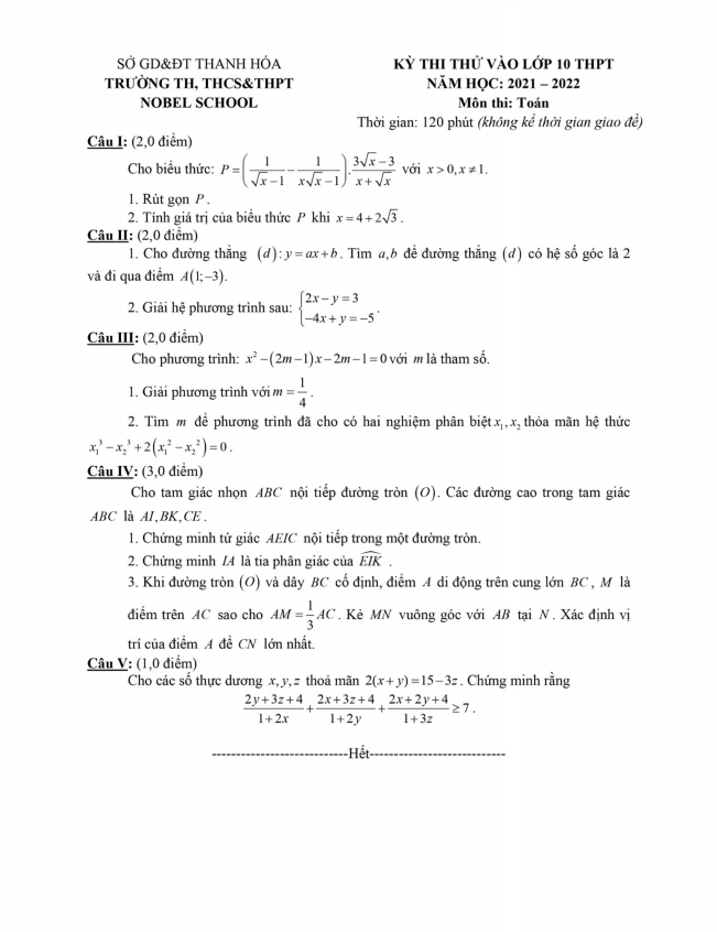 Đề thi thử Toán vào lớp 10 năm 2021 – 2022 trường Nobel School – Thanh Hóa