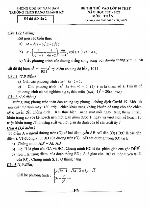 Đề thi thử Toán vào lớp 10 năm 2021 – 2022 trường THCS Đặng Chánh Kỷ – Nghệ An