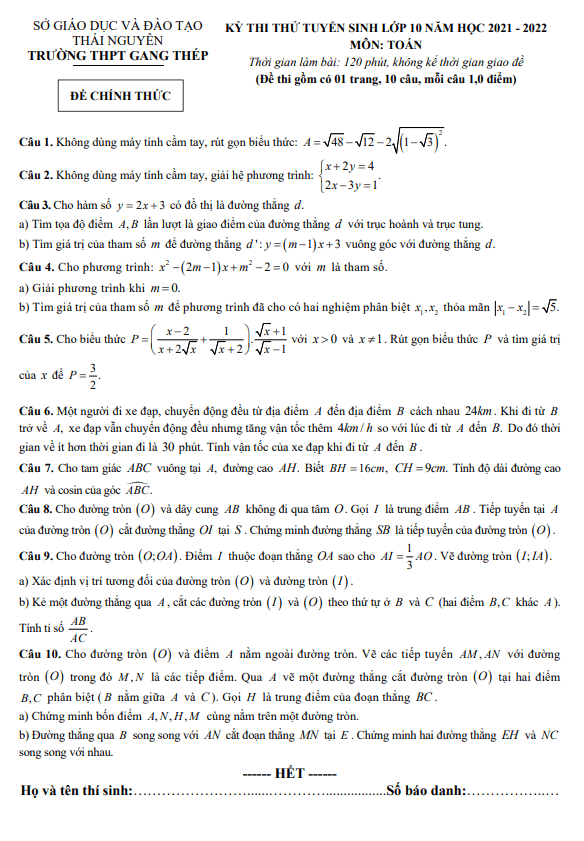 Đề thi thử Toán vào lớp 10 năm 2021 – 2022 trường THPT Gang Thép – Thái Nguyên