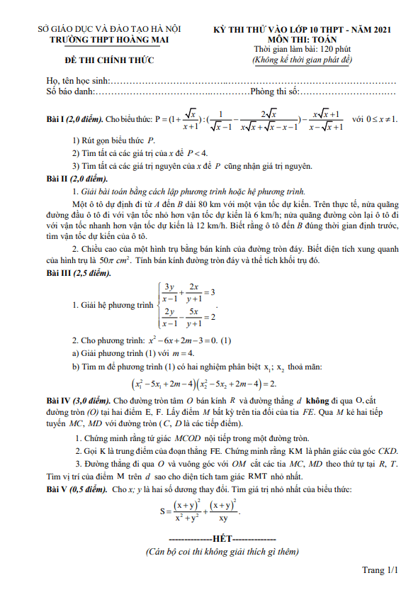 Đề thi thử Toán vào lớp 10 năm 2021 trường THPT Hoàng Mai – Hà Nội