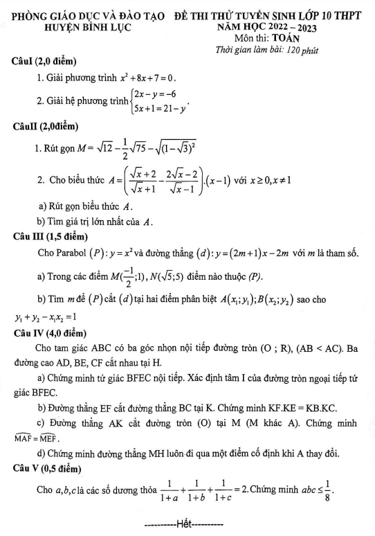 Đề thi thử Toán vào lớp 10 năm 2022 – 2023 phòng GD&ĐT Bình Lục – Hà Nam