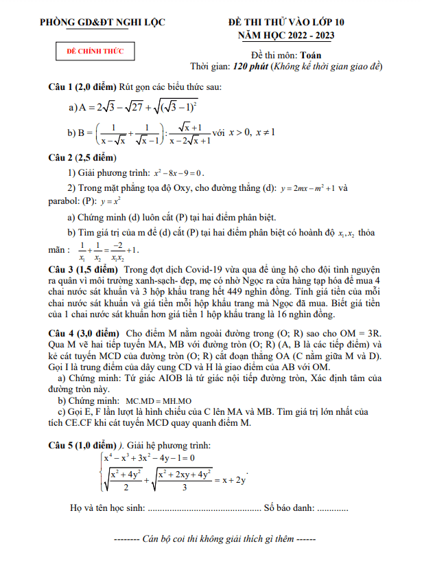Đề thi thử Toán vào lớp 10 năm 2022 – 2023 phòng GD&ĐT Nghi Lộc – Nghệ An
